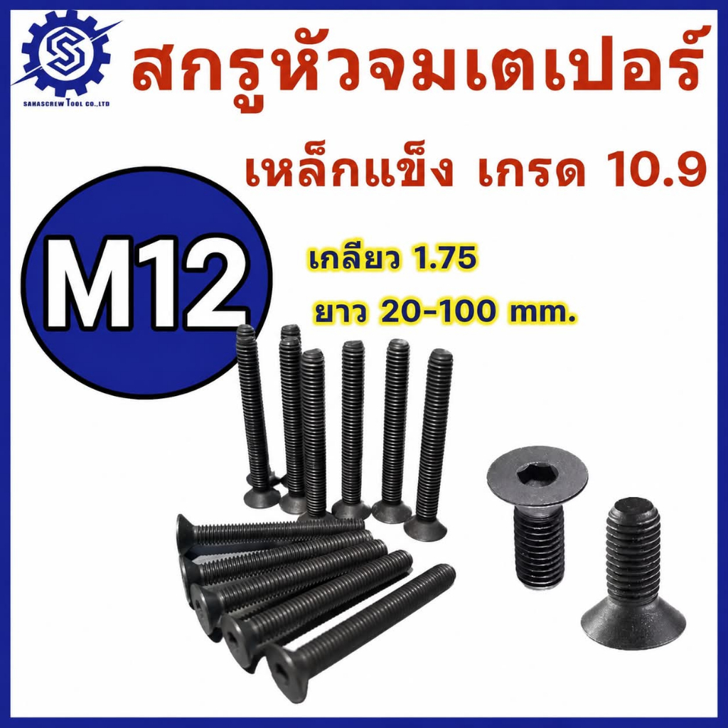 สกรูหัวจมเตเปอร์ ขนาด M12 เกลียว 1.75 เหล็กแข็ง เกรด 10.9 ยาว 20 - 100 mm. แพ็ค 2 ตัว #สกรูหัวจมเตเปอร์ #น็อตหัวจม #น็อต