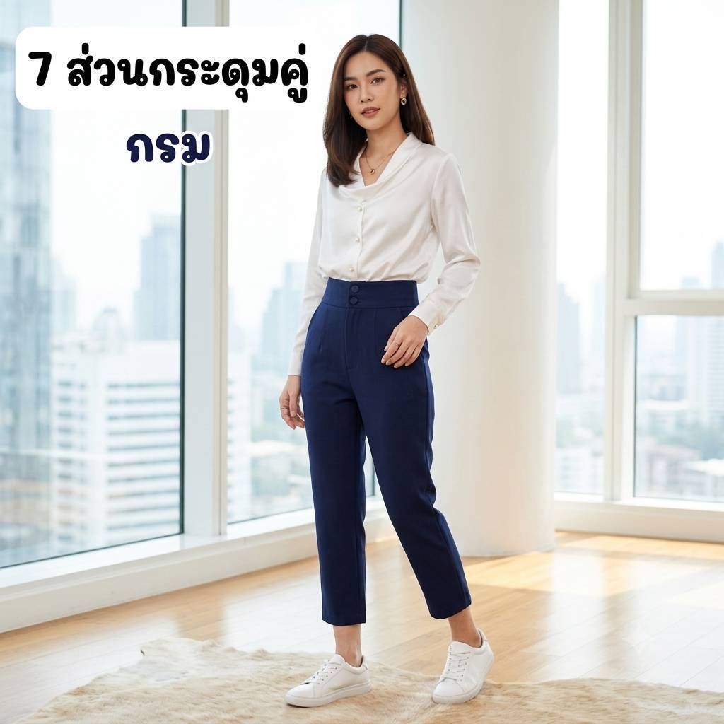 กางเกงขายาวผู้หญิง 7 ส่วนกระดุมคู่เอวสูง (ผ้าฮานาโกะ).S-5XL