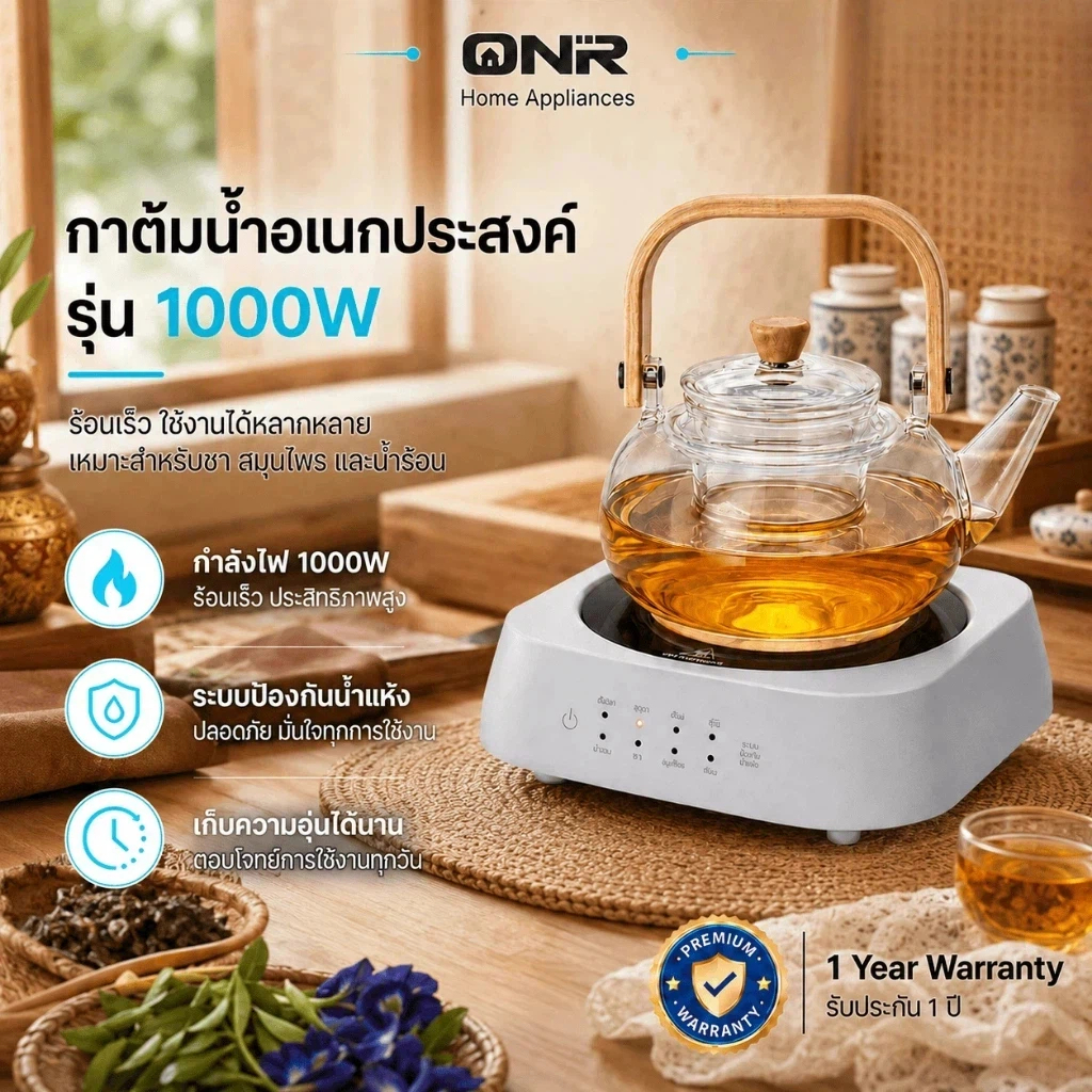 ONR เตาไฟฟ้ามินิ 1000W 8 เมนู + กาต้มน้ำแก้ว 1000ml บอโรซิลิเกต ด้ามไม้ ฝาแก้ว ใช้กับภาชนะอื่นได้ ORSH-12