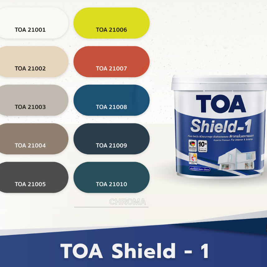 TOA เฉดสี 21001 Shield-1 ภายนอก 9 ลิตร ถังใหญ่ ทาได้เยอะ สีทาภายนอก สีทาภายใน จับคู่ลงตัว เกรดสูงสุด