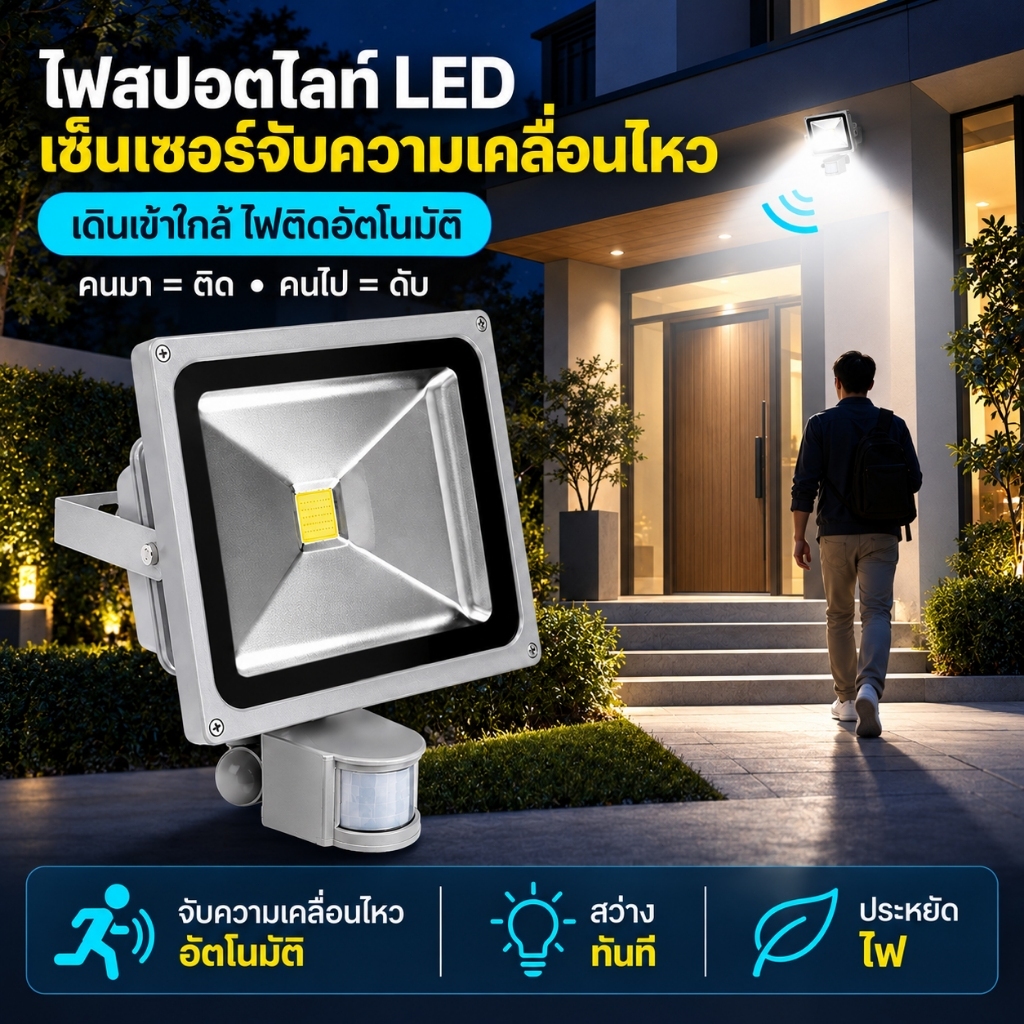 ไฟสปอตไลท์ LED พร้อมเซ็นเซอร์ PIR เปิด‑ปิดอัตโนมัติ กันน้ำ IP65 10W-50W ไฟภายนอก ติดตั้งง่าย ส่องสว่างโรงรถ ลานจอด บ้านแ