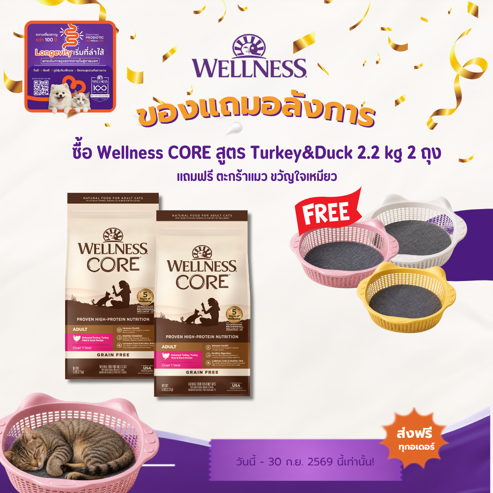 [ซื้อ2ถุง รับฟรี ตะกร้าแมวสุดฮิต! ] WELLNESS CORE อาหารพรีเมี่ยม สูตร Turkey&Duck 5lb (2.2kg) || 8859|| 15/12/2026