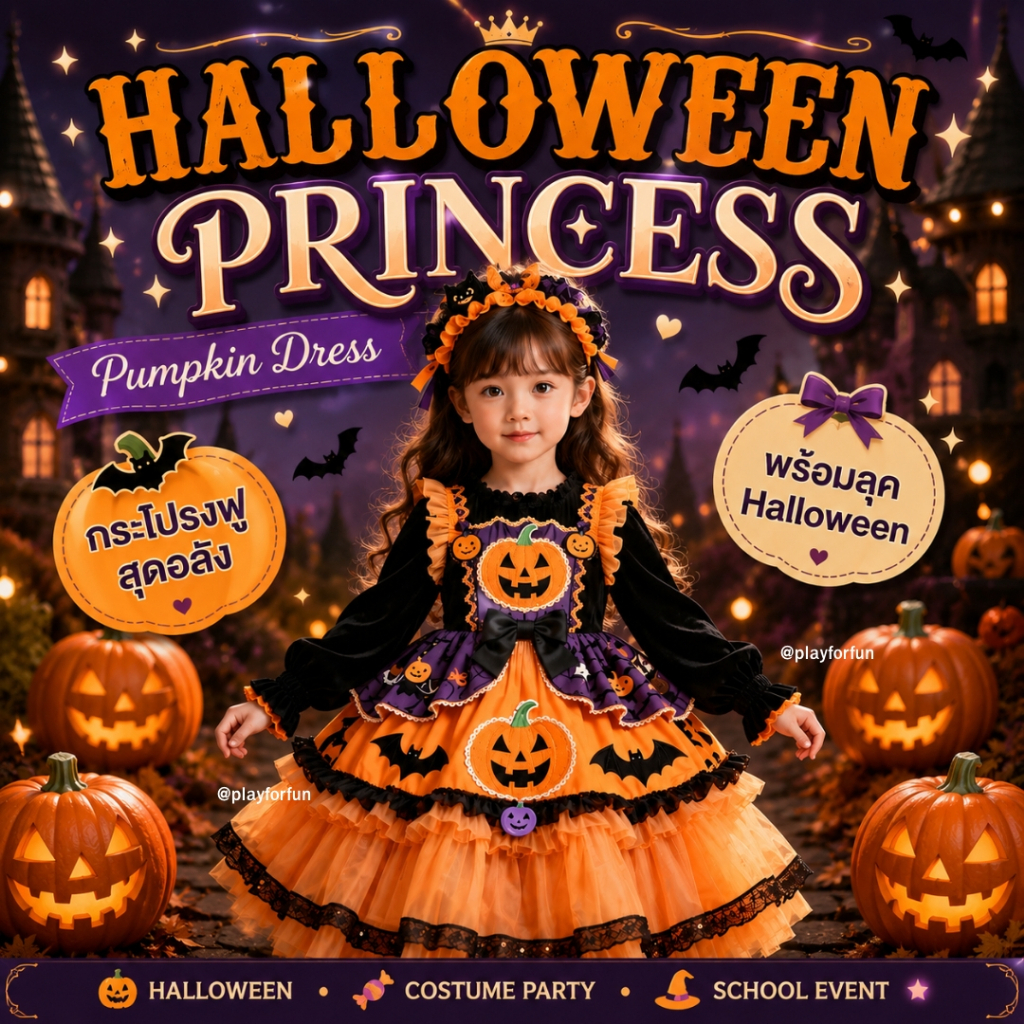 เดรสฮาโลวีนเด็ก เดรสฟักทองเจ้าหญิง ชุดแฟนซี Halloween กระโปรงฟู สำหรับปาร์ตี้และงานโรงเรียน