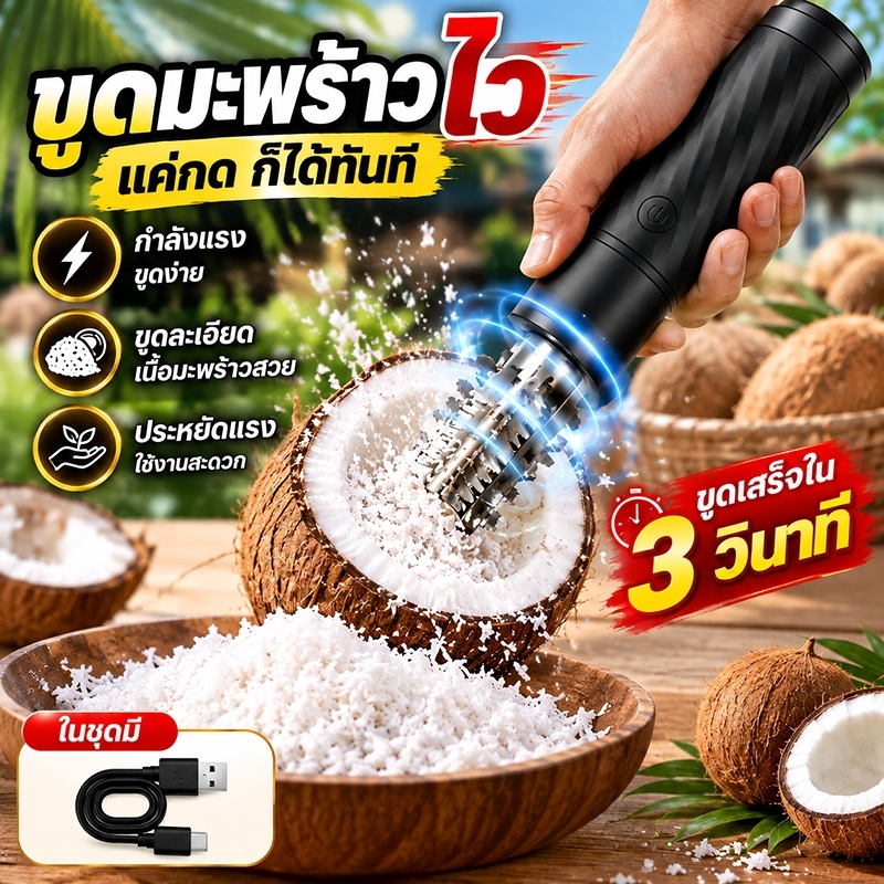 เครื่องขูดมะพร้าวไฟฟ้า ที่ขูดมะพร้าว เครื่องขูดมะพร้าว เครื่องขูดมะพร้าวไร้สาย กำลังแรง หัวสแตนเลส ขูดละเอียด ประหยัดแรง