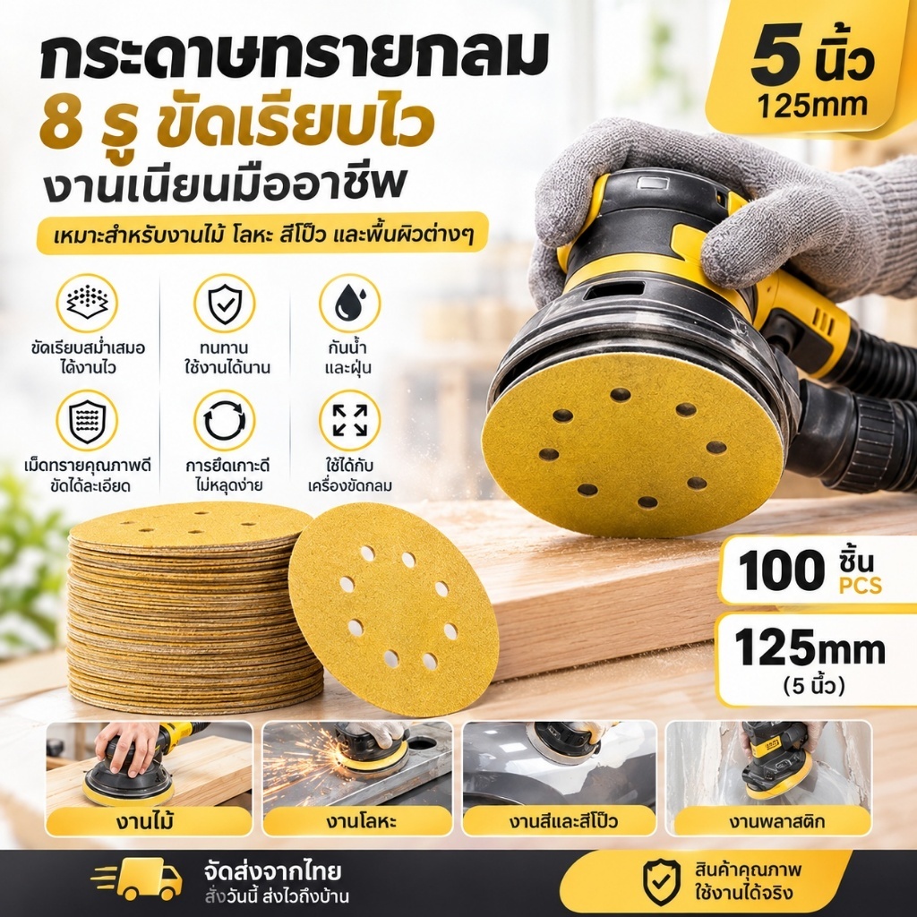 กระดาษทรายวงกลมแปะมีรู 5นิ้ว 8รู หลังผ้าเนื้อแน่น หลายเบอร์ให้เลือก (80/240/320)