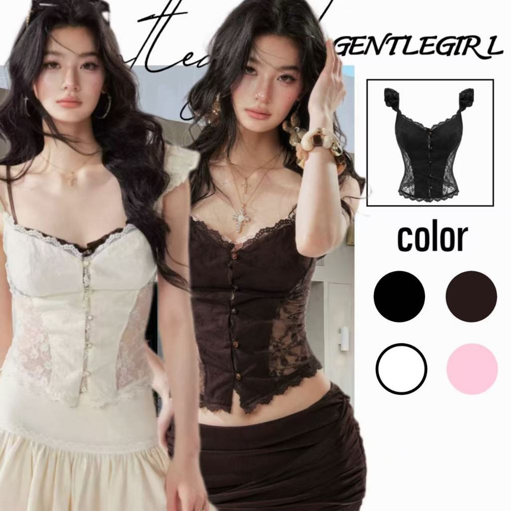 #GG🎀เสื้อคอวีสไตล์ฝรั่งเศสแบบใหม่นี้ มาพร้อมแขนระบายที่ปลายแขน และดีไซน์เอวตกแต่งด้วยลูกไม้
