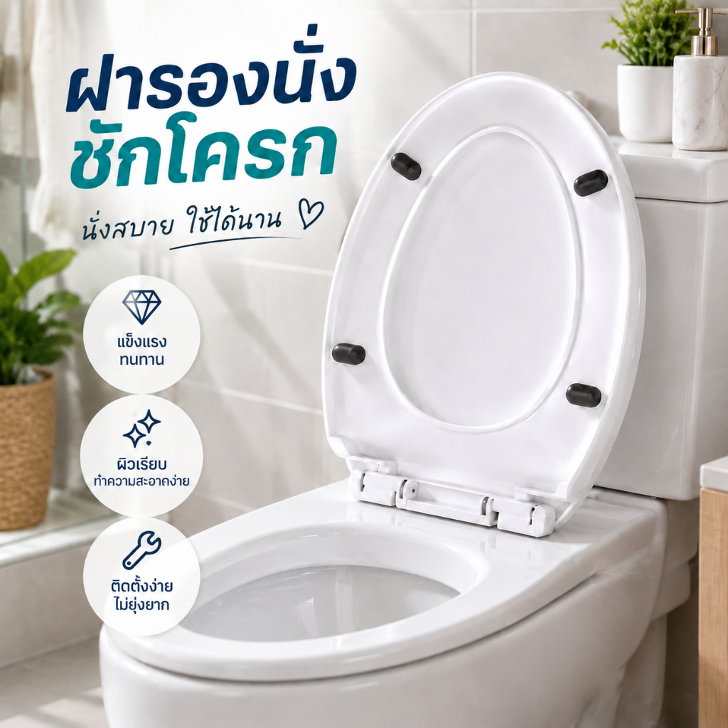 ฝาชักโครก ฝารองนั่งห้องน้ำ แบบ O/V วัสดุ PP แข็งแรง ปิดเงียบ ถอดทำความสะอาดง่าย พร้อมอุปกรณ์ติดตั้ง