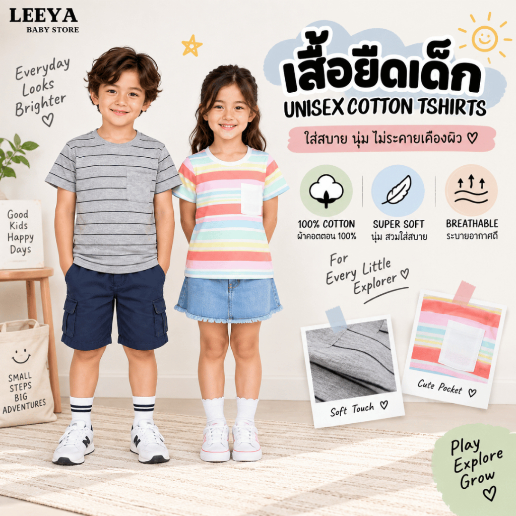 Leeya เสื้อยืดเด็ก (ลายทาง) เสื้อผ้าเด็ก ชุดเด็ก supersoft baby & kids