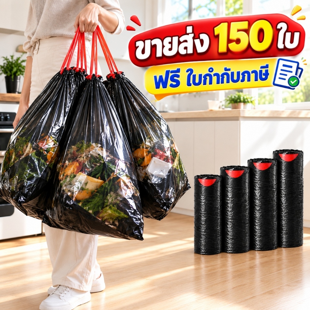 🌟แพ็ค 150 ชิ้น🌟 ถุงขยะสีดำเกรด A มีหูหิ้ว ผูกง่าย ไม่มีกลิ่น กันน้ำ ทนความร้อนสูง และหนา เหมาะสำหรับใช้ในบ้านและสำนักงาน