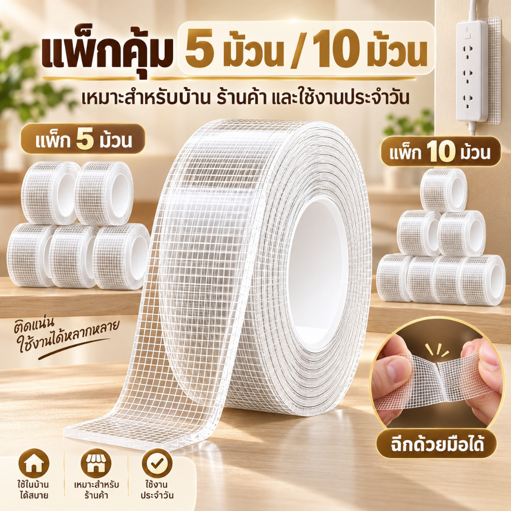 เทปนาโนตาข่ายไฟเบอร์ กาวสองหน้าใส รุ่นอัพเกรด เหนียวแน่น กันน้ำ ไม่ทิ้งคราบ กว้าง 2.4 ซม หนา2มม แพ็ก5/10ม้วน 1/3/5 เมตร