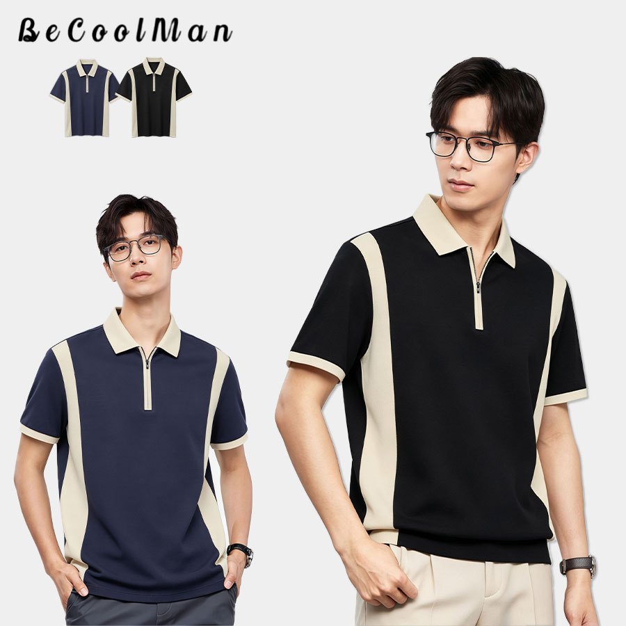BecoolMan เสื้อโปโลชาย การต่อผ้าสีตัดกัน แขนสั้นซิปครึ่ง ปกเสื้อพลิก แฟชั่น การพักผ่อน หลวมสบาย ผ้าระบายอากาศ เย็น M-3XL