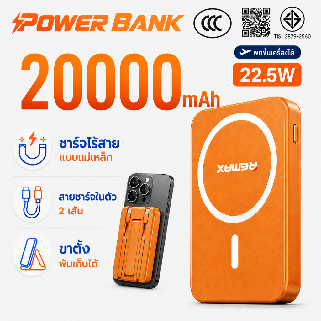 รับประกัน 5 ปี พาวเวอร์แบงค์ไร้สาย 20000mah ซาร์จเร็ว 22.5W Magnetic Powerbank ขาตั้งแบบพกพา Power Bank แบตสำรองไร้สาย