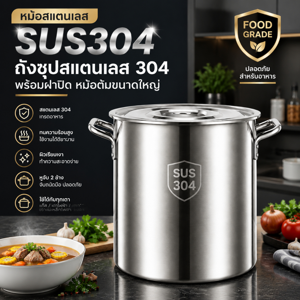 หม้อสแตนเลส 304 ขนาดใหญ่ พร้อมฝา หม้อซุป ถังต้มน้ำซุป หม้อต้มอเนกประสงค์ สำหรับทำอาหาร