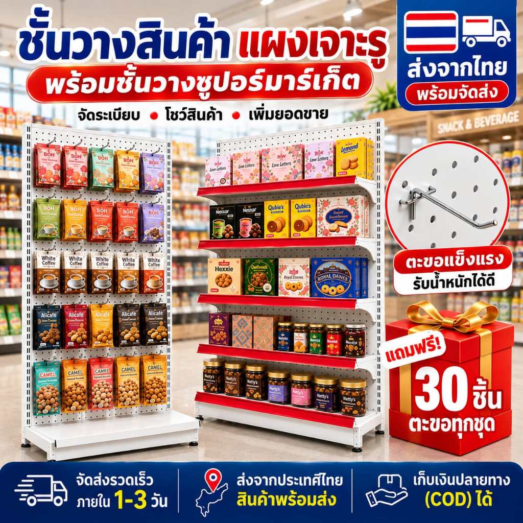 [สินค้าใหม่] ชั้นวางสินค้าแบบตะขอ Pegboard ตั้งพื้น แผงเหล็กเจาะรู แถมตะขอแขวน 30 ชิ้น สำหรับร้านค้า