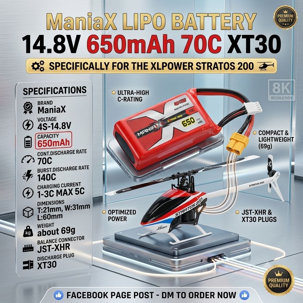 [แบตเตอรี่ 4เซล] ManiaX LiPo Battery 14.8V 650mAh 70C XT30  สำหรับ Stratos 200 ห้ามพลาด! แบตตัวแรง M