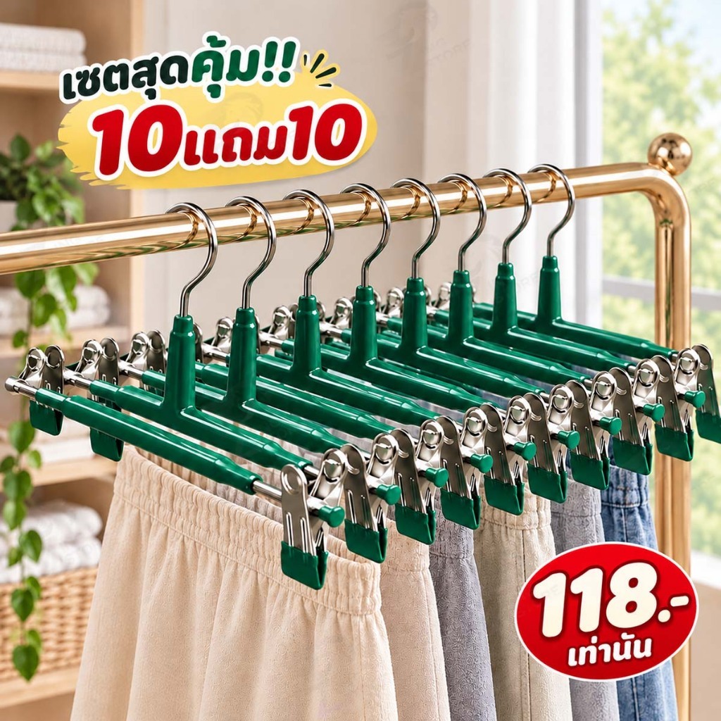 [10แถม10] ไม้แขวนเสื้อหนีบ ไม้แขวนเสื้อแบบหนีบ ไม้หนีบผ้า แขวนผ้า หนีบกางเกง กระโปรง สแตนเลส เคลือบซิลิโคนหนา SG 2 PCS