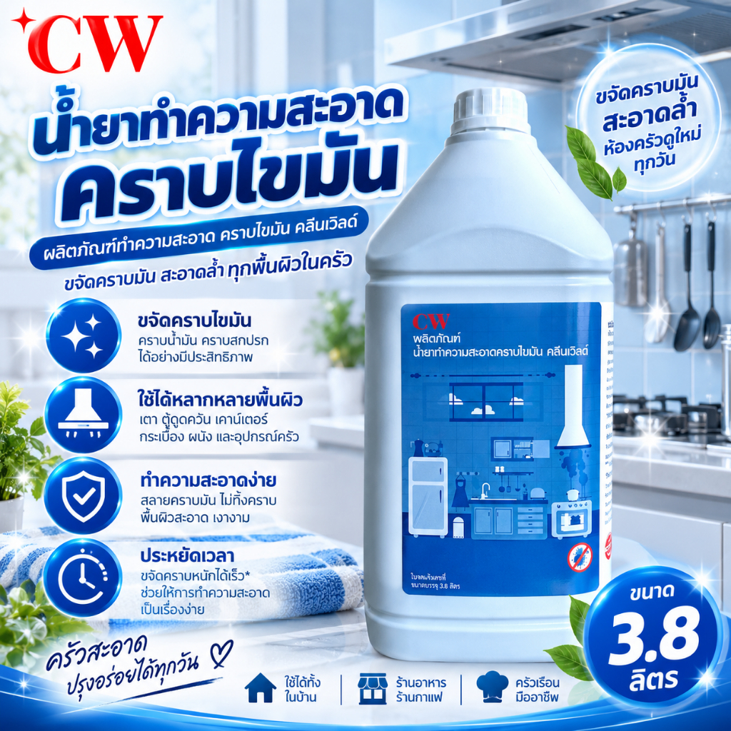 CW น้ำยาขจัดคราบไขมัน 3.8 ลิตร น้ำยาทำความสะอาดคราบมัน ขจัดคราบสกปรก ทำความสะอาดครัวและเครื่องใช้