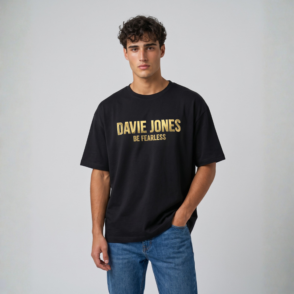 DAVIE JONES تيشيرت رجالي واسع بالشعار — أسود — صورة 5