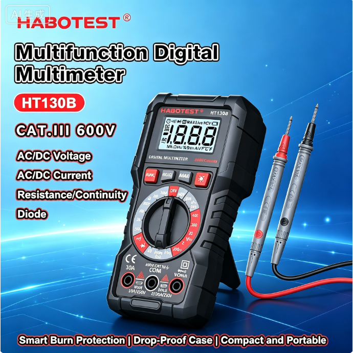 HT130B มัลติมิเตอร์ดิจิทัล วัดแรงดัน AC/DC กระแส ความต้านทาน ต่อเนื่อง และ NCV ได้ หน้าจอชัด มีแสงไฟ ป้องกันการไหม้ CAT