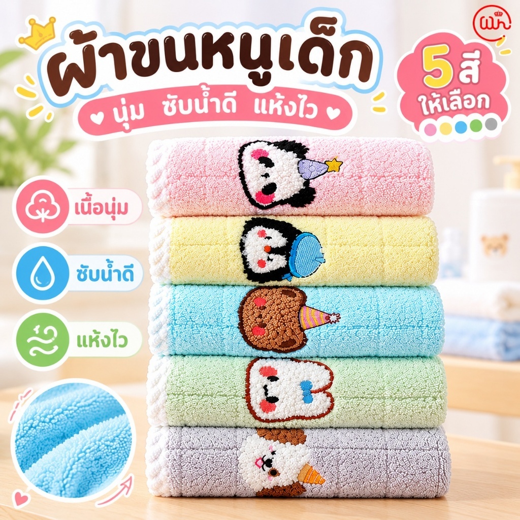 【WH】ผ้าเช็ดตัวเด็ก ผ้าขนหนูเด็ก ผ้าเช็ดตัว ผ้าขนหนูนุ่ม ซับน้ำดี แห้งไว ผ้าเช็ดตัวน่ารัก สำหรับเด็ก 5 สี