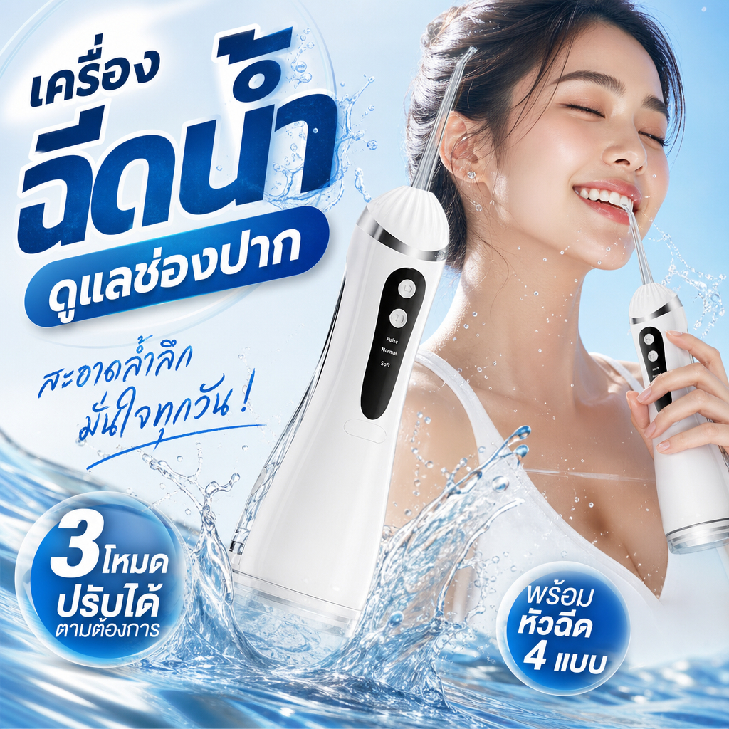🔥ไหมขัดฟันพลังน้ำ เครื่องล้างฟันพกพา แถม 4 หัวฉีด ระดับการกันน้ำ IPX7 ถังน้ำความจุสูง 200 มล.