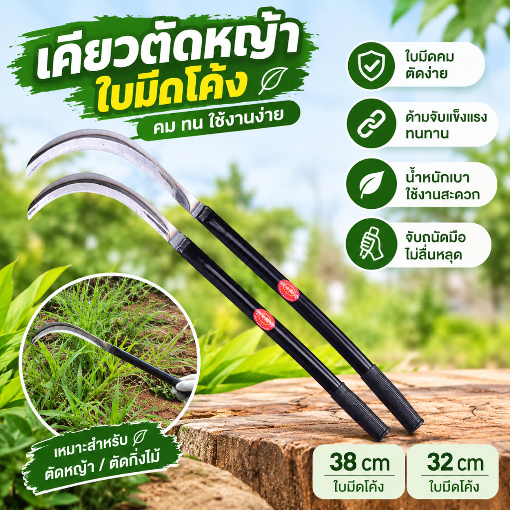 เคียวแมงกานีส ขนาด 60ซม. 65ซม. ด้ามยาว เคียวปาดตองเก็บเกี่ยว เคียวตัดหญ้า มีดถางวัชพืช มีดทำสวน เคียวเกษตรอุปกรณ์ไร่