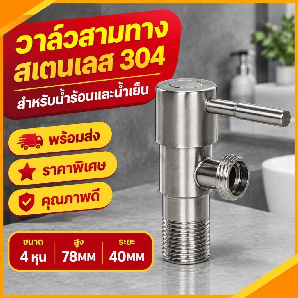 วาล์วมุม สแตนเลส ก้านจับด้านข้าง เปิด-ปิดง่าย ก๊อกมุมน้ำเข้า ทนทาน ติดตั้งง่าย ก๊อกน้ำเข้าห้องน้ำ/ครัว