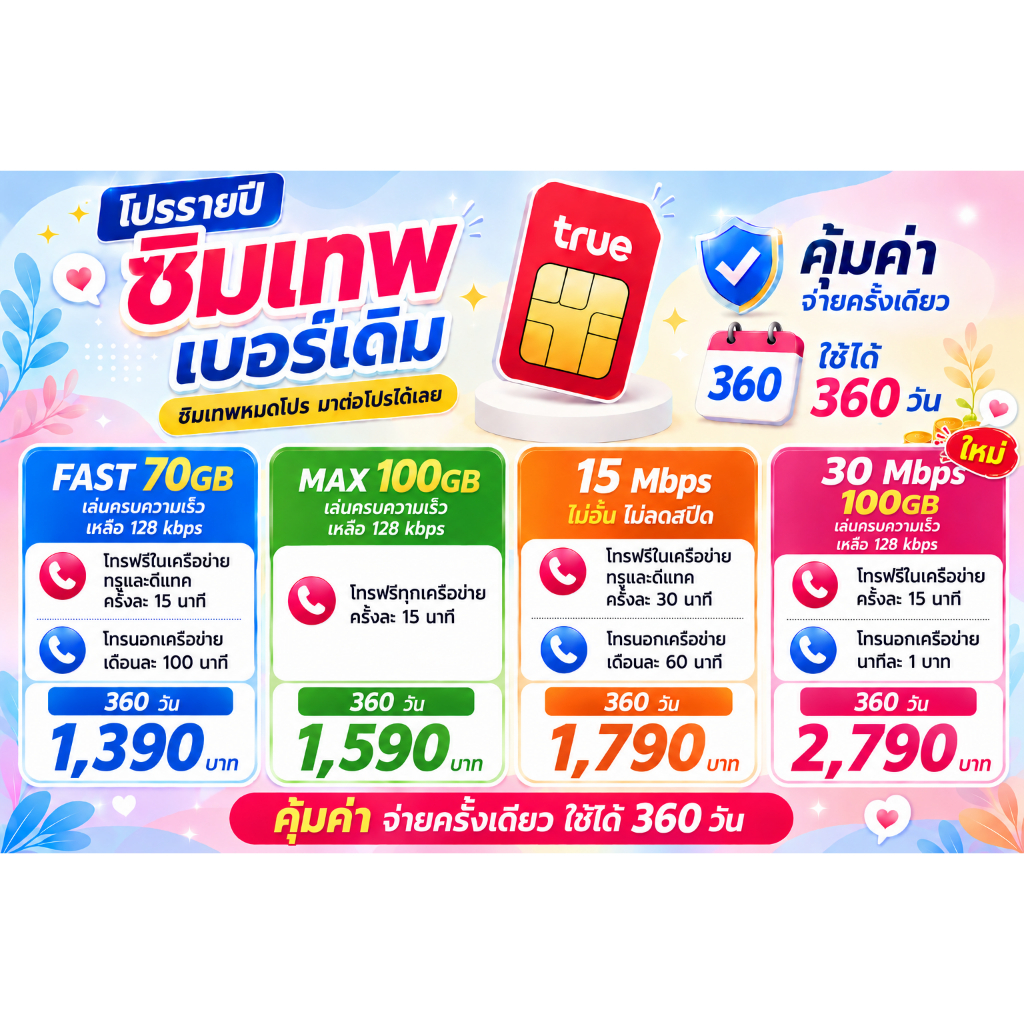 โปรต่ออายุซิมเทพทรูรายปีเบอร์เดิม 6M , 15M ไม่จำกัด