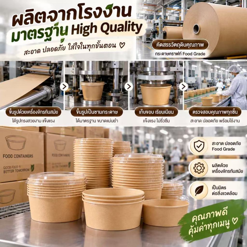 [100/300ชุด] ถ้วยกระดาษคราฟท์ 500/750/1000ml พร้อมฝาใส Food Grade 100% ไม่เป็นไอน้ำ กันน้ำ กันซึม หนาพิเศษ ทนร้อ
