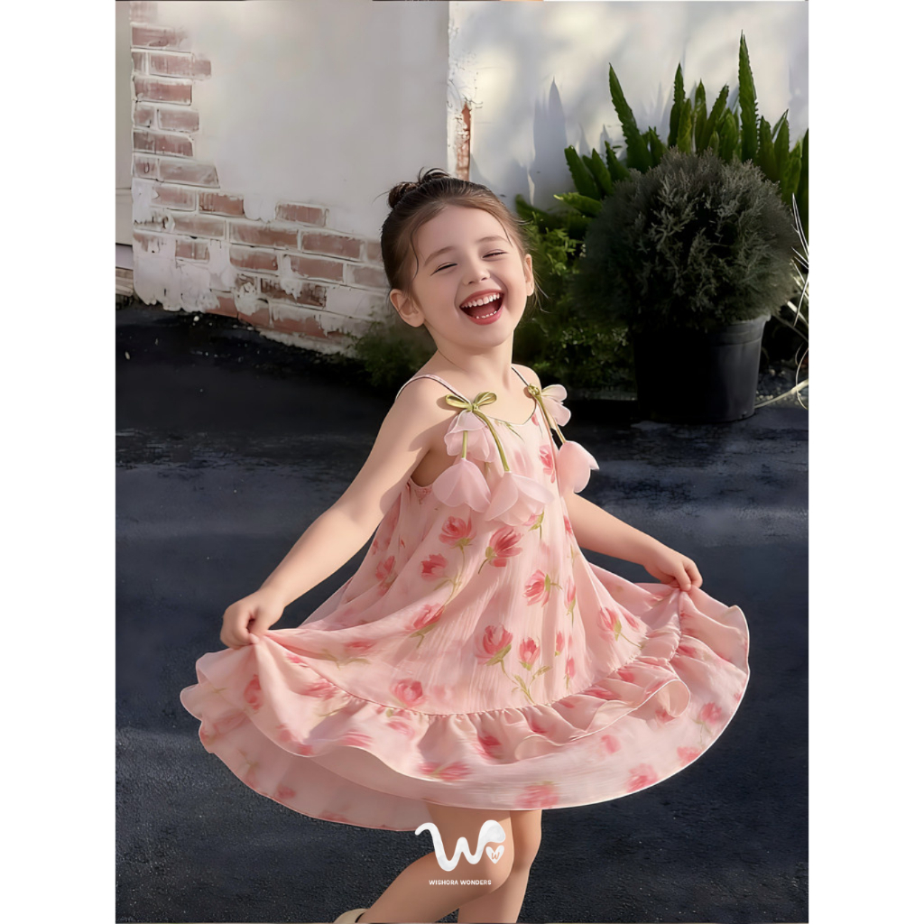 WISHORA WONDERS 26 ss DLD260211 Flowy Floral Dress ชุดเดรสเด็กผู้หญิง ชุดเดรสเด็ก ลายดอกไม้ ระบาย ผ้าพริ้ว สุดน่ารัก