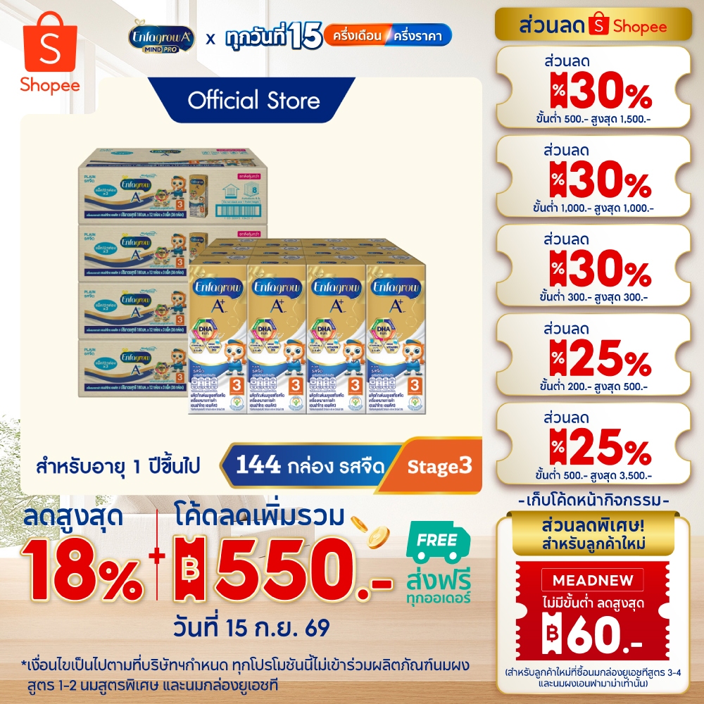 นมกล่อง เอนฟาโกร ยูเอชที สูตร3 ชนิดจืด (36 กล่อง) x4 ลัง Enfagrow UHT Stage3 Plain (36 boxes) x4 cas
