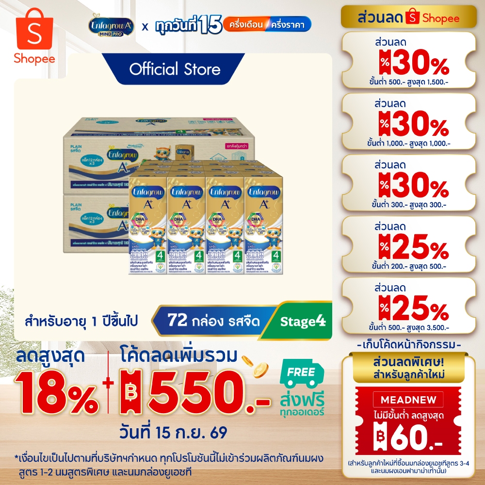 นมกล่อง เอนฟาโกร ยูเอชที สูตร4 ชนิดจืด (36 กล่อง) x2 ลัง Enfagrow UHT Stage4 Plain (36 boxes) x2 cas
