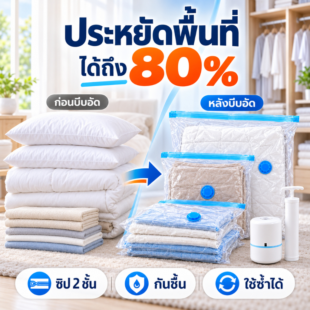 ถุงบีบอัดสูญญากาศใส่เสื้อผ้า ผ้าห่ม มีหลายขนาด ซีลแน่น กันชื้นกันรา ประหยัดพื้นที่