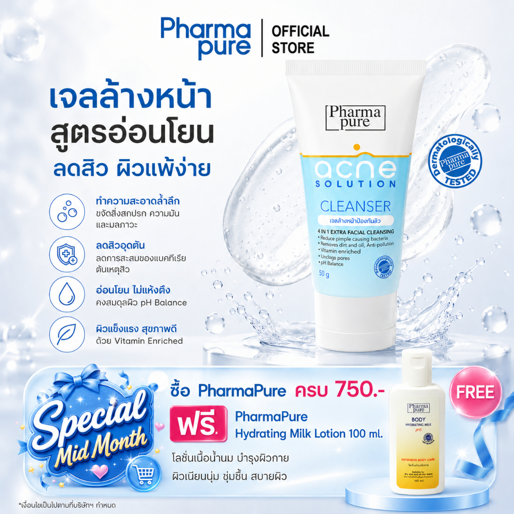 PharmaPure Acne Cleanser 50g. เจลทำความสะอาดผิวหน้า ให้ผิวหน้าสะอาดไร้สิว พร้อมดูแลผิวอย่างอ่อนโยน