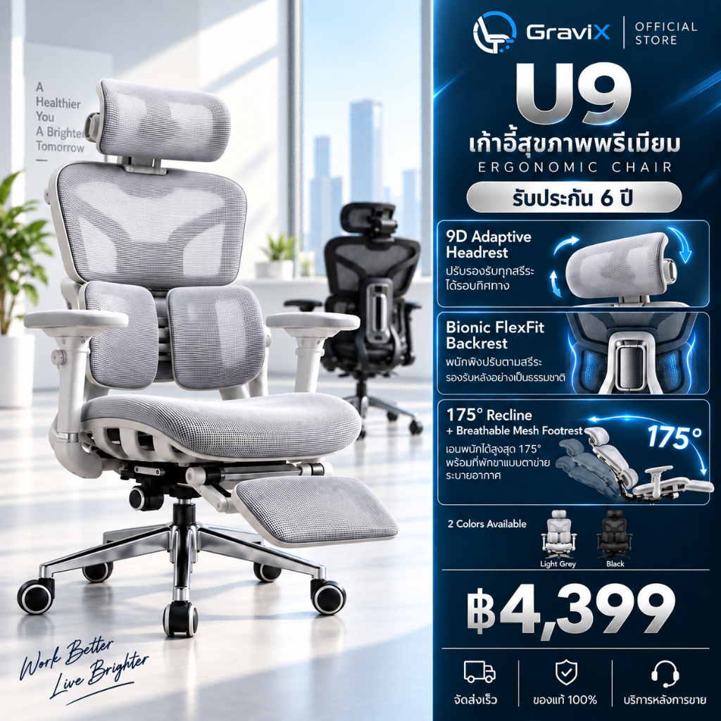 𝐆𝐫𝐚𝐯𝐢𝐗【𝐇𝐎𝐓】เก้าอี้สุขภาพ สปริงคู่รองรับเอว ที่วางแขนปรับได้ 6D เก้าอี้ทำงาน ระบายอากาศดี ไม่ร้อนอึด เอน เก้าอี้เกม