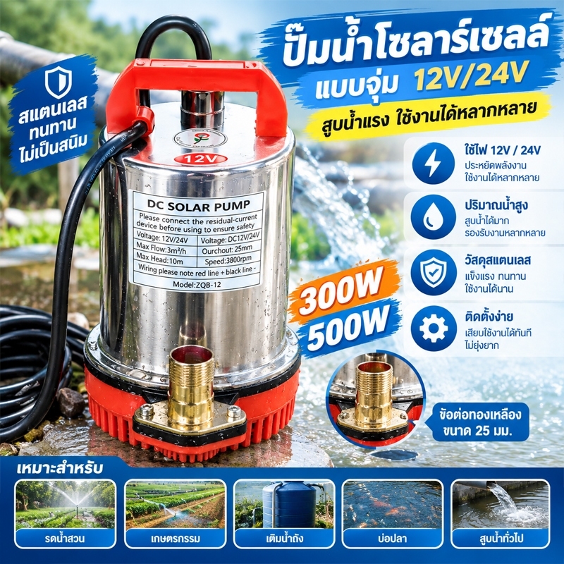 🔥 DC Pump ปั๊มน้ำไดโว่ 12V/24V 300W ปั๊มจุ่ม ปั๊มแช่ ฐานเหล็ก ท่อออก 1-2 นิ้ว สแตนเลส มอเตอร์ทองแดง 100% ทนทาน แรงดูดดี