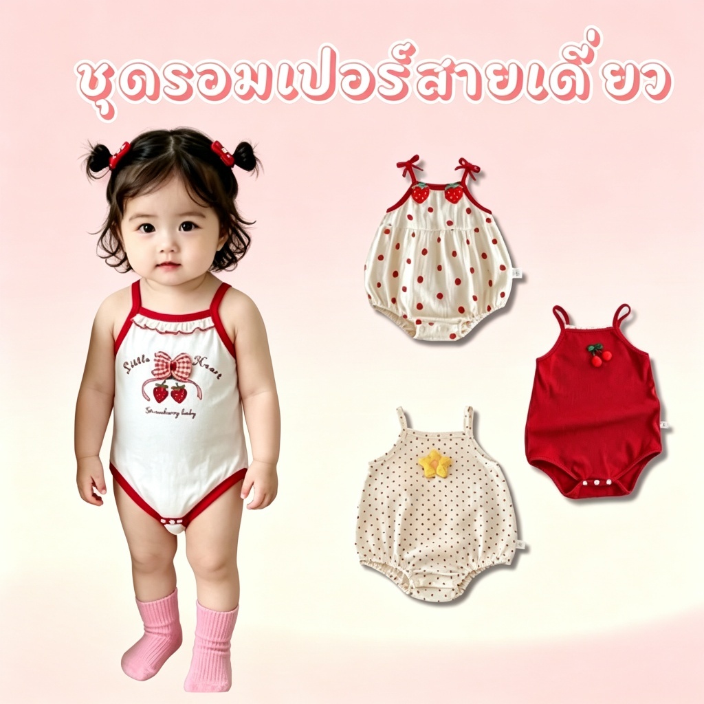 ชุดหมีสายเดี่ยวลายสตรอเบอร์รีจุดมุกน่ารักสำหรับเด็กวัยหัดเดิน 0-2 ปี