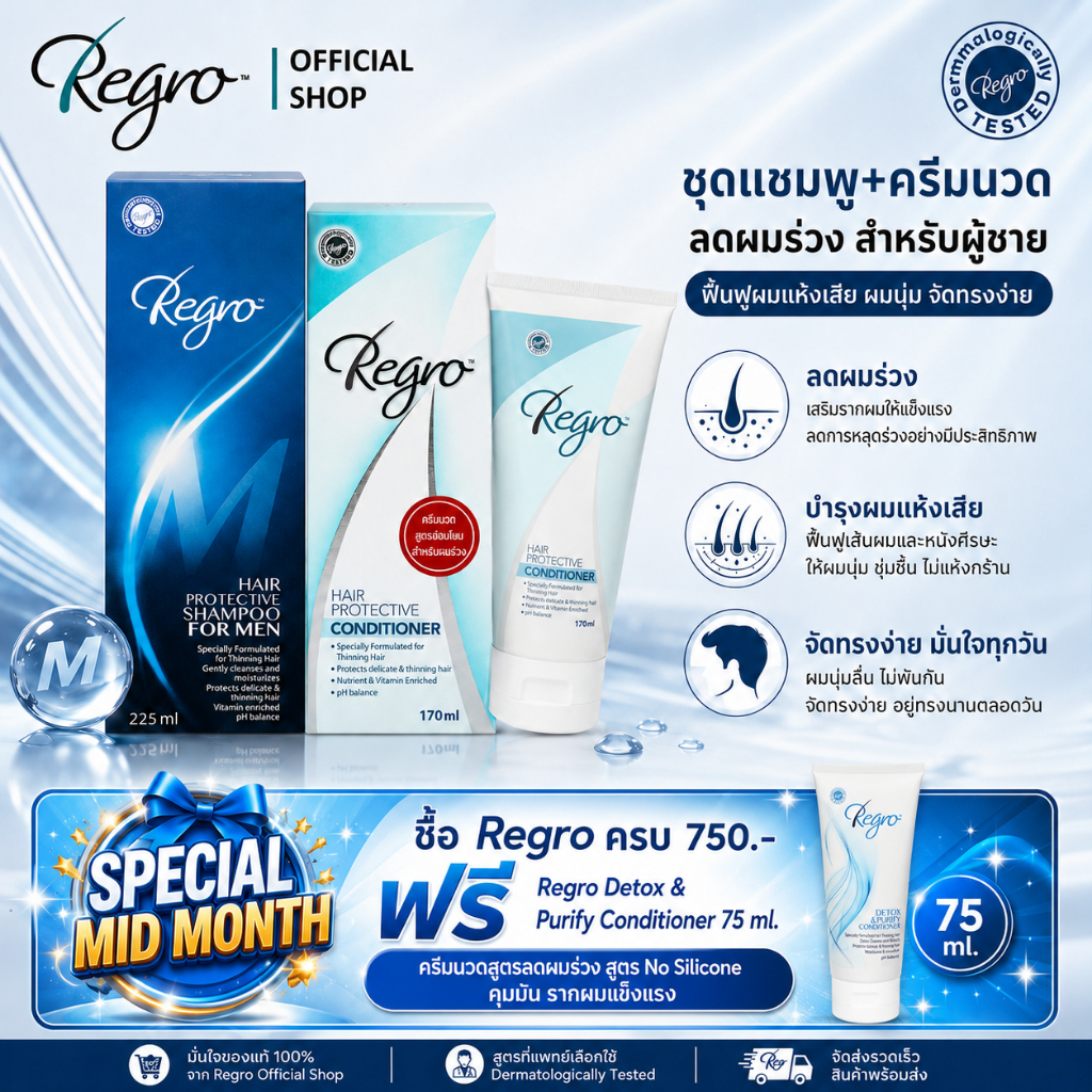 Regro Shampoo for Men+Conditioner ชุดโปรโมชั่นแชมพู+ครีมนวด สูตรลดผมร่วง สำหรับผู้ชายผมธรรมดา-ผมแห้งเสีย