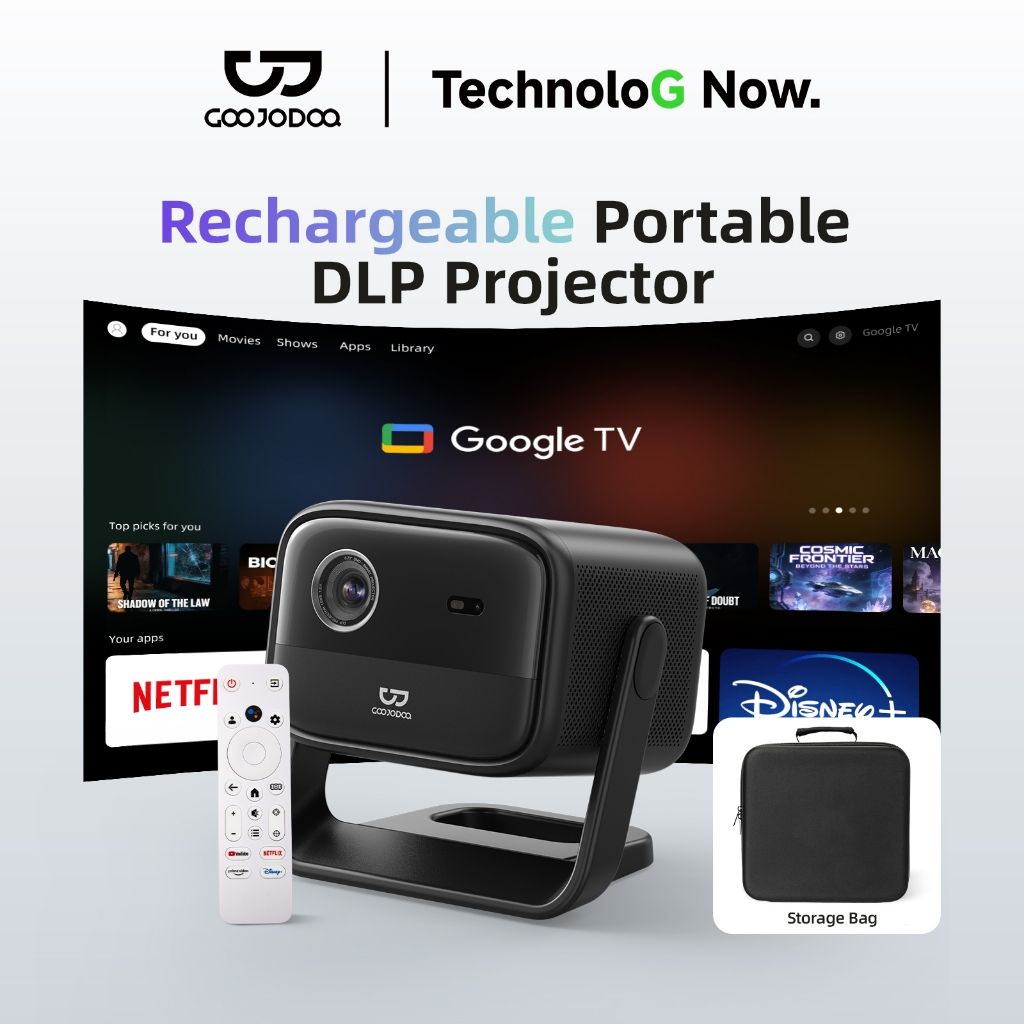 GOOJODOQ โปรเจคเตอร์ 1080p 600 Ansi แบตเตอรี่ในตัว 20080mAh Projector พร้อมลำโพง ด้วย NFC Blutooth