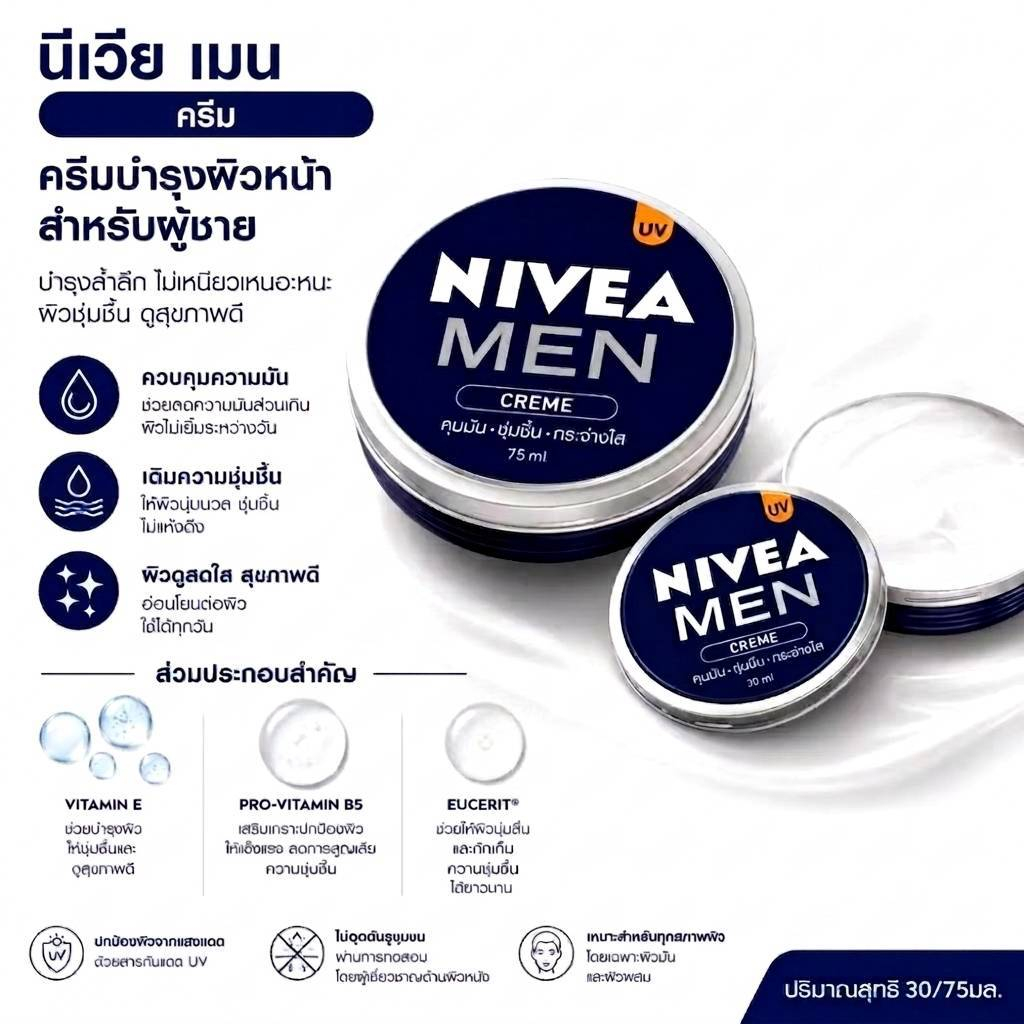 Nivea ครีมบำรุงผู้ชาย Men Cream คุมมัน ผิวชุ่มชื้น กันแดด กระจ่างใส บางเบา ไม่เหนอะหนะ นีเวีย