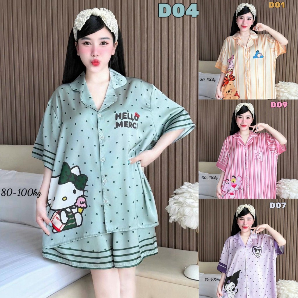 งานใหม่ แขนสั้น-ขาสั้น Bigsize อก52”ผ้าไหมทอซาติน(Silk Satin) ผ้าสวย นุ่ม ลื่น ใส่สบาย