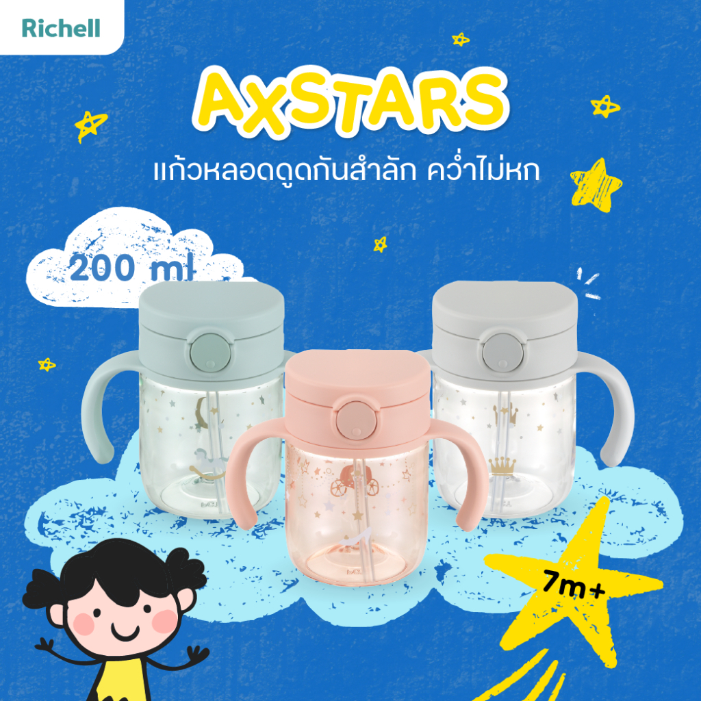 Richell(ริเชล) AXSTARS แก้วหลอดดูดกันสำลัก คว่ำไม่หก(200 มล.)