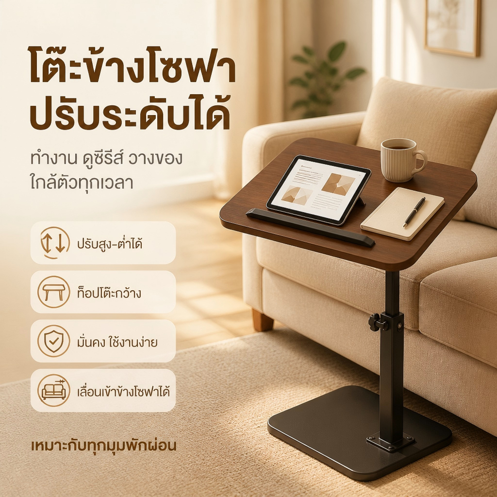 โต๊ะข้างเตียง ปรับระดับได้ หมุนได้ 360° โครงเหล็ก ใช้วางโน้ตบุ๊ก สำหรับห้องนอนและห้องนั่งเล่น