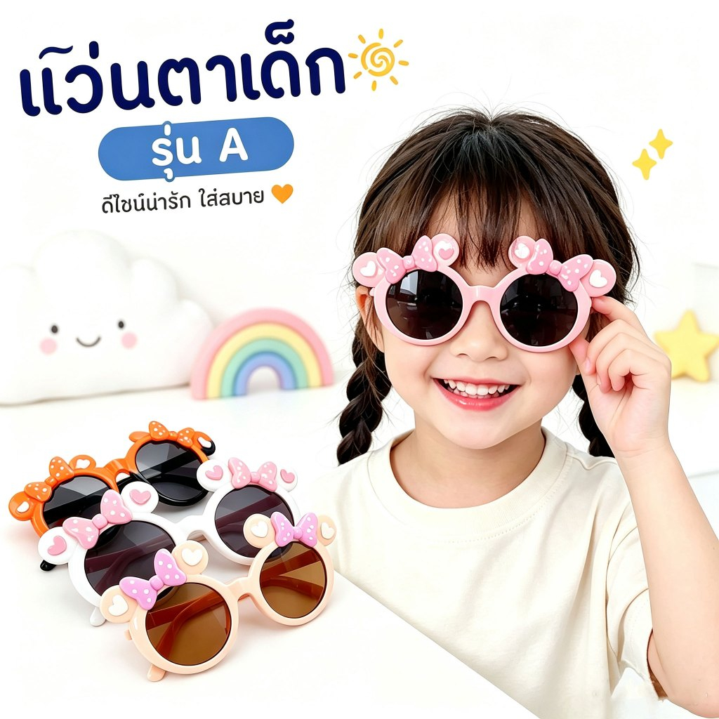 ใหม่ แว่นตาเด็ก ป้องกันรังสียูวี ประดับโบว์ ลายการ์ตูน