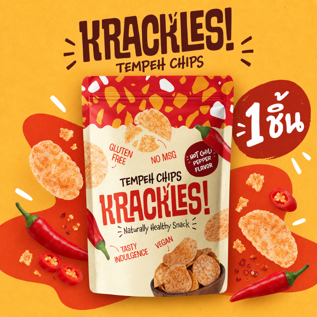 แคร็กเคิลส์ เทมเป้แผ่นกรอบ รสฮอตชิลลี่เปปเปอร์  50กรัม (Krackles! Tempeh Chips Hot Chili Pepper 50g)
