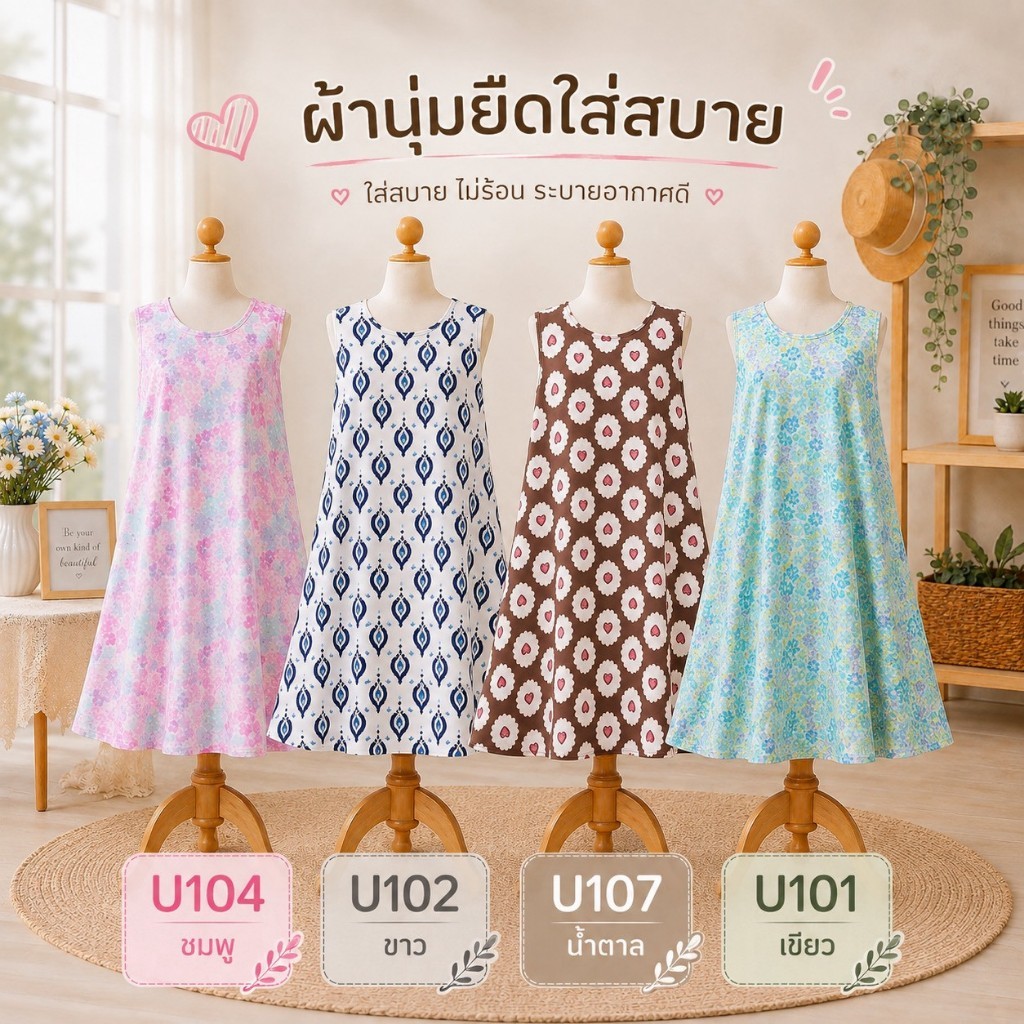 ชุดกระโปรงยาวแขนกุด ผ้านุ่มเด้ง ยืดได้เยอะ อกได้ถึง 50 นิ้ว ใส่สบาย จัดส่งจาก กทม.