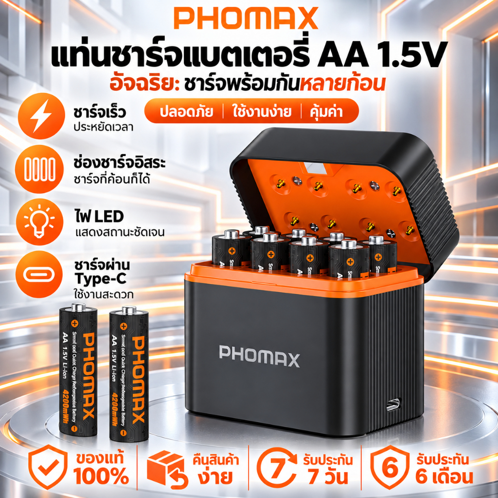 ถ่านชาร์จ Li-ion AA 4200mWh 1.5V พร้อมเครื่องชาร์จ 8 ช่อง มีBMS บอร์ดป้องกัน ป้องกันชาร์จเกิน