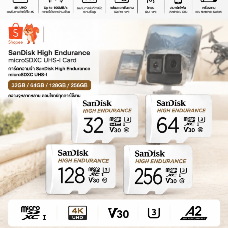 SanDisk Micro SD Card SDHC SDXC MAX HIGH ENDURANCE 4K ( 32GB, 64GB, และ 128GB ) R/W 100/40mb/s