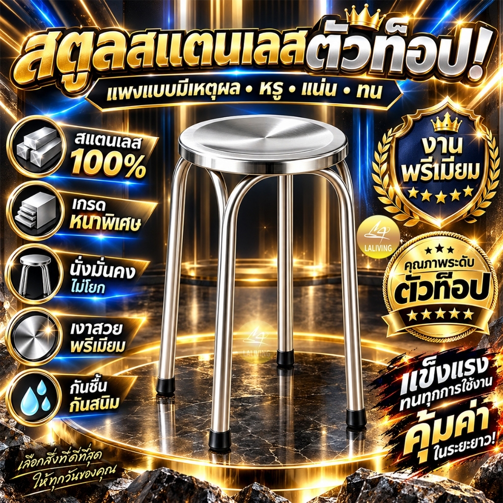 เก้าอี้กลมสแตนเลส 100% กันสนิมกันความชื้น ขาคู่ไม่สั่นไหว แข็งแรง ขัดเงาละเอียด นั่งสบาย แผ่นรองขาเก้าอี้กันลื่น 22-47CM รูปที่ 1