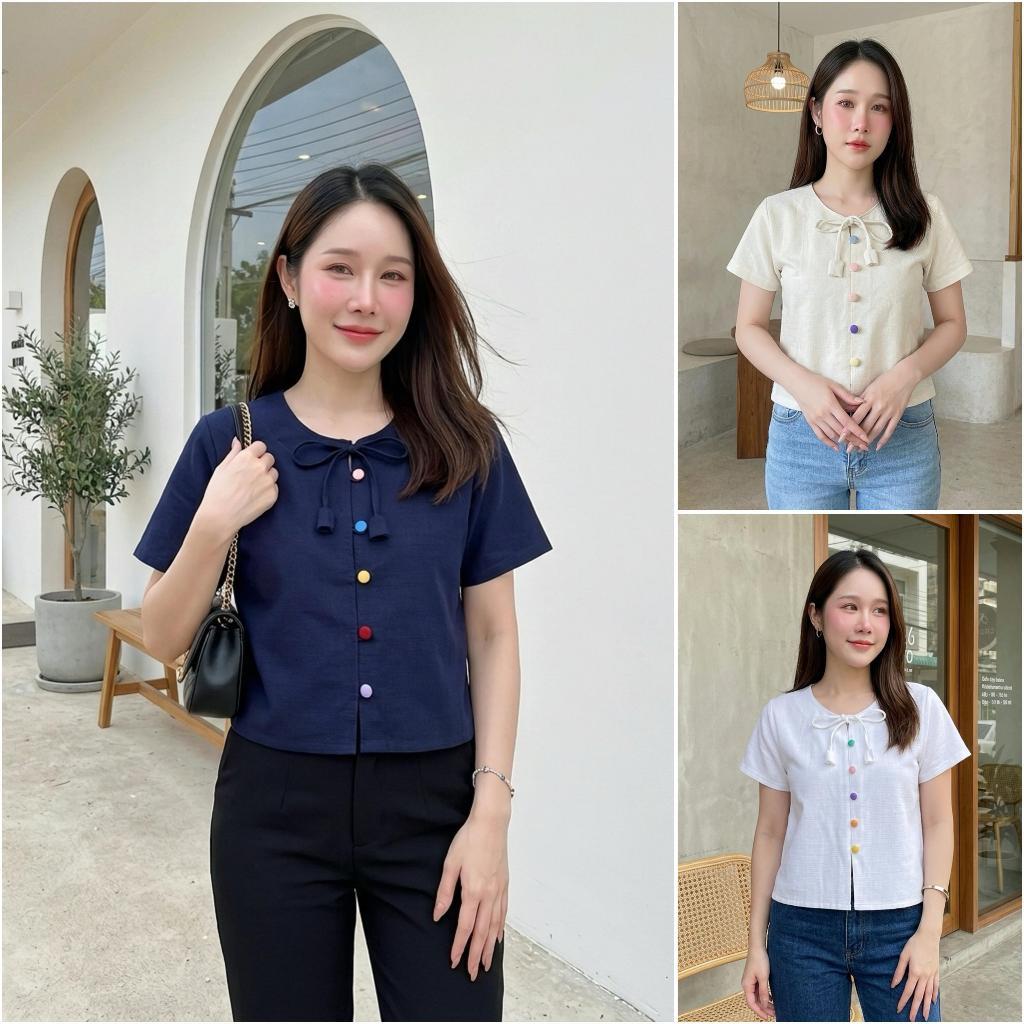 เสื้อผ้าฝ้ายผู้หญิง คอกลม ผูกโบว์ดอกทิวลิป กระดุมสีพาสเทล